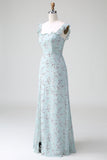 Robe longue de demoiselle d’honneur à imprimé floral gris vert avec fente