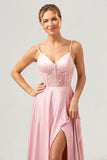 Rose A-ligne spaghetti bretelles Satin Corset Longue Robe de demoiselle d’honneur avec fente