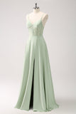 Vert spaghetti bretelles A-ligne Satin Long Corset Robe de demoiselle d’honneur avec fente