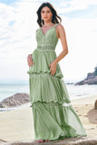 Vert A Line Robe Florale Longue Demoiselle d’Honneur Fleurie Avec Dentelle