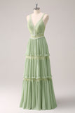 Robe de demoiselle d’honneur florale à volants vert avec dentelle