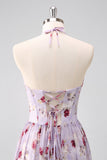 Gris Violet Floral Une Ligne Corset Dos Nu Robe de demoiselle d’honneur avec Fente