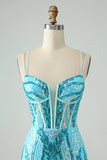 Robe de bal corset moulante à bretelles spaghetti bleu scintillant avec paillettes