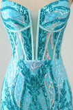 Robe de bal corset moulante à bretelles spaghetti bleu scintillant avec paillettes