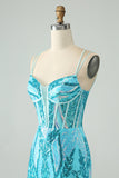 Robe de bal corset moulante à bretelles spaghetti bleu scintillant avec paillettes