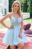 Jolie Robe de soirée en tulle bleu à paillettes et perles avec corset et appliques