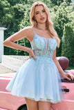 Jolie Robe de soirée en tulle bleu à paillettes et perles avec corset et appliques