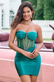 Robe de soirée unique en corset moulant vert foncé scintillant sans bretelles avec perles