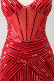 Robe de soirée Court moulante à bretelles spaghetti rouge scintillante à paillettes