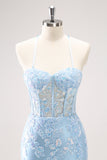 Bleu spaghetti bretelles Corset Applique Robe de soirée Court avec paillettes