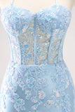 Bleu spaghetti bretelles Corset Applique Robe de soirée Court avec paillettes