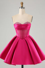 Jolie robe de bal corset en cœur fuchsia a ligne avec perles