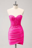 Fuchsia Sweetheart Corset Robe de cocktail avec perles