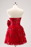 Robe de soirée Court à paillettes étaiées rouge trapèze scintillante avec nœud