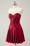 Robe de cocktail sans bretelles en satin bordeaux ligne A chérie