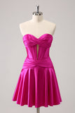 Robe de soirée court corset trapèze fuchsia en forme de cœur