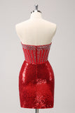 Corset bustier rouge scintillant à paillettes perles Robe de soirée serrée avec fente