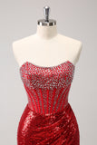 Corset bustier rouge scintillant à paillettes perles Robe de soirée serrée avec fente