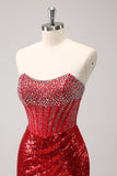 Corset bustier rouge scintillant à paillettes perles Robe de soirée serrée avec fente