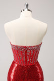 Corset bustier rouge scintillant à paillettes perles Robe de soirée serrée avec fente