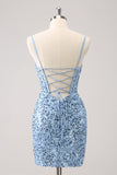 Bleu scintillant serré spaghetti bretelles Corset robe courte de bal avec paillettes