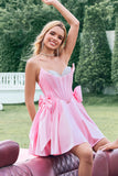 Mignon rose une ligne bustier perlé corset volant robe de soirée court avec arcs