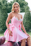 Mignon rose une ligne bustier perlé corset volant robe de soirée court avec arcs