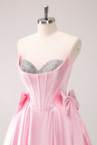 Robe de soirée Court bustier en corset perlé avec nœuds Rose