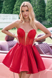 Robe de soirée Court rouge trapèze sans bretelles avec corset à volants courts et jolies perles