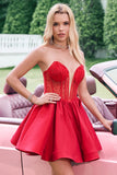 Robe de soirée Court rouge trapèze sans bretelles avec corset à volants courts et jolies perles