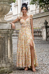 ROBE de FLEURS★Glossy【XS】 Zapaka Femmes Jaune Fleur Mariage Fête Robe D'invitée Avec Fente