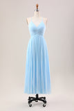 Robe invitée mariage longue bleu ciel en mousseline de soie plissée avec lacets dans le dos
