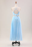 Robe invitée mariage longue bleu ciel en mousseline de soie plissée avec lacets dans le dos
