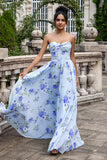 Bleu Floral A Line Sweetheart Imprimé Bustier Plissé Longue Robe D’invitée De Mariage