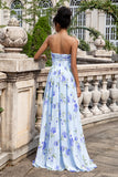 Bleu Floral A Line Sweetheart Imprimé Bustier Plissé Longue Robe D’invitée De Mariage