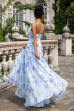 Bleu Floral A Line Sweetheart Imprimé Bustier Plissé Longue Robe D’invitée De Mariage