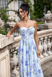 Bleu Floral A Line Sweetheart Imprimé Bustier Plissé Longue Robe D’invitée De Mariage