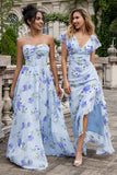 Bleu Floral A Line Sweetheart Imprimé Bustier Plissé Longue Robe D’invitée De Mariage