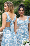 Blanc Bleu Fleur Une Ligne À Volants Haut-Bas Robe D’invitée De Fête De Mariage