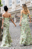 Robe d’invitée de fête de mariage Maxi à imprimé corset de sirène de grande fleur verte