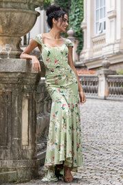 Robe d’invitée de fête de mariage Maxi à imprimé corset de sirène de grande fleur verte