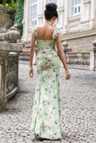 Robe d’invitée de fête de mariage Maxi à imprimé corset de sirène de grande fleur verte