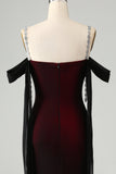 Robe de demoiselle d’honneur longue à épaules froides sirène rouge noire scintillante