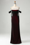 Robe de demoiselle d’honneur longue à épaules froides sirène rouge noire scintillante