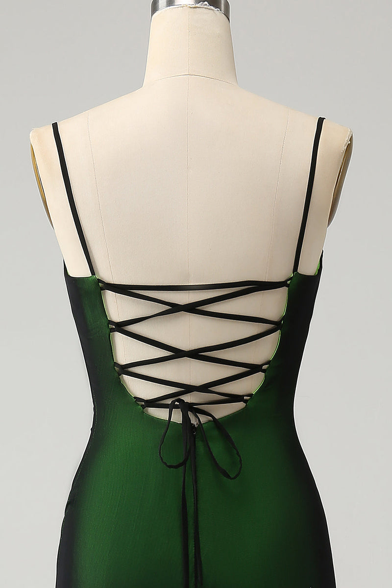 Charger l&#39;image dans la galerie, Noir Vert Spaghetti Bretelles Sirène Mousseline de soie Robe de demoiselle d’honneur