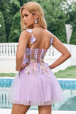 Élégant violet une ligne licol fleurs tulle robe de soirée court avec dentelle dans le dos