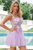 Élégant violet une ligne licol fleurs tulle robe de soirée court avec dentelle dans le dos