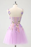 Élégant violet une ligne licol fleurs tulle robe de soirée court avec dentelle dans le dos