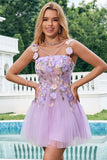 Élégant violet une ligne licol fleurs tulle robe de soirée court avec dentelle dans le dos