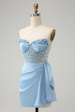 Robe de cocktail moulante bleue scintillante avec corset et perles